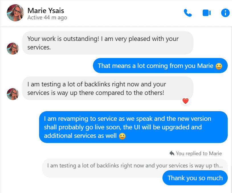 Direct message from Marie Ysais reading: Your work is outstanding